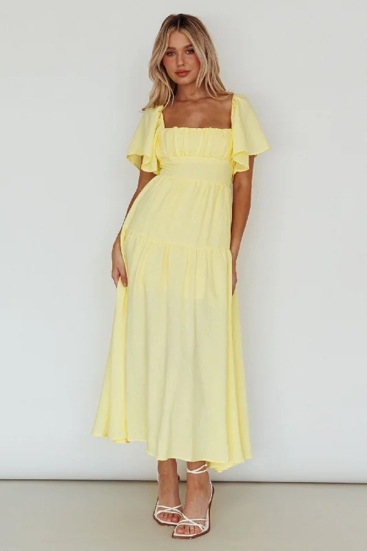 Lula Gathered Bust Midi Dress Lemon Romantic Date - Night Ensemble