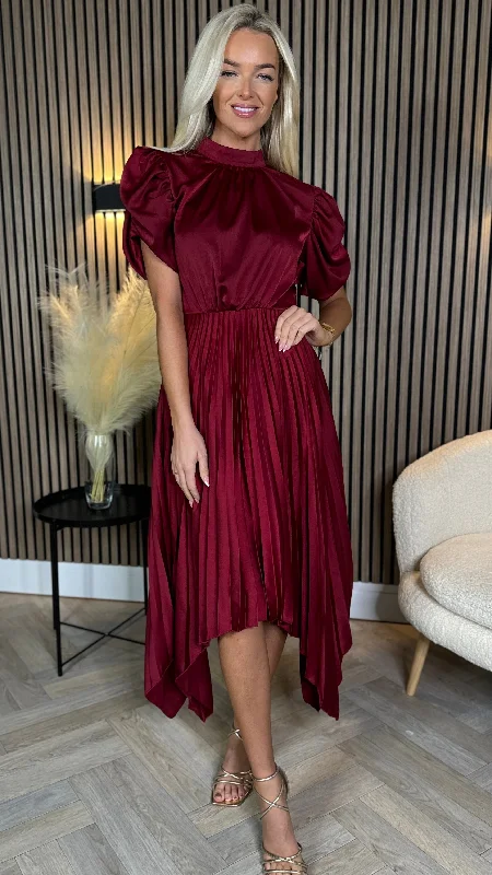 Cressida Burgundy High Neck Puff Sleeve Pleated Midi Dress Trend Setting Wardrobe