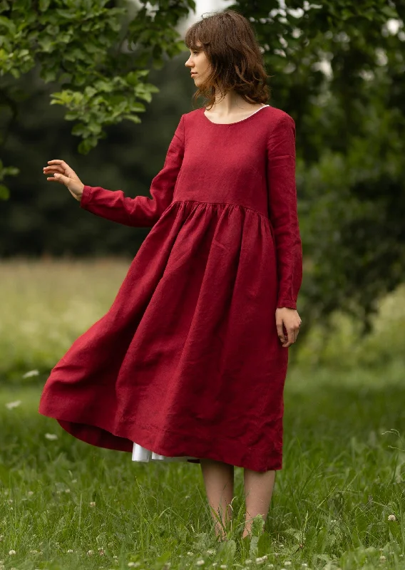 Smock Dress, Long Sleeve, Marsala Red Chic Style