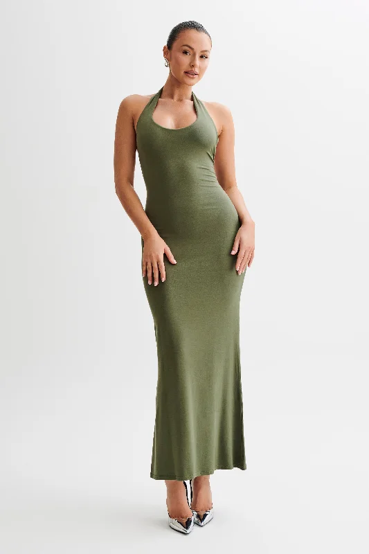 Jessica Modal Halter Maxi Dress - Military Olive Exclusive Designer Collection