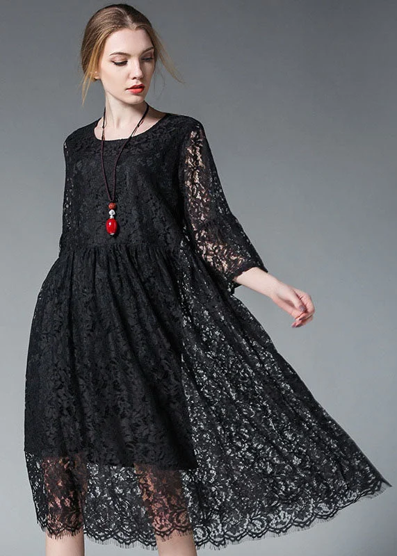 Elegant Black O-Neck Hollow Out Lace Party Dress Flare Sleeve Comfortable Clothes