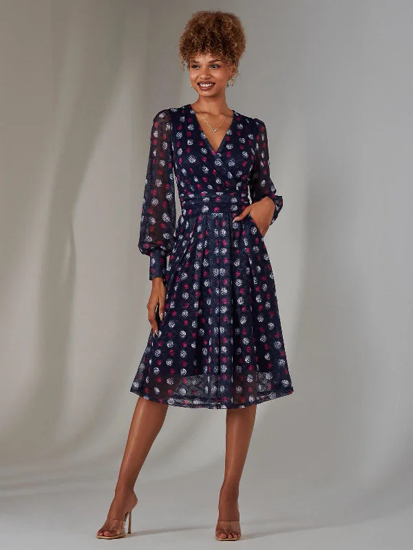 Long Sleeve Lace Print Midi Dress, Navy Abstract Summer Essentials