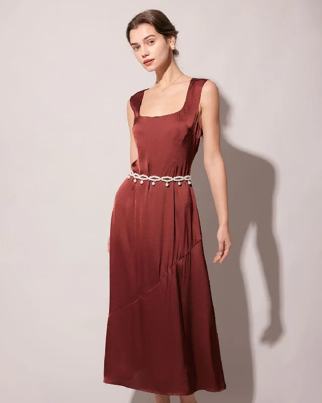 The Coffee Square Neck Sleeveless Satin Midi Dress Stay Ahead In Style