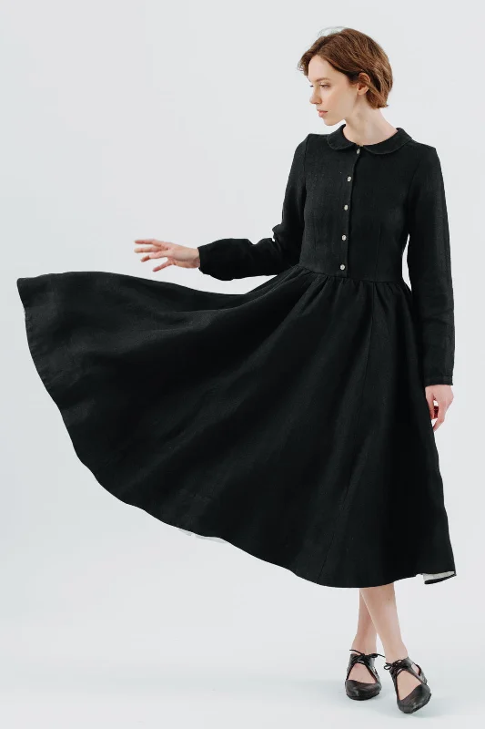 Classic Dress, Long Sleeve, Twill Linen, Black Herringbone Snag Fabulous Fashion Bargains