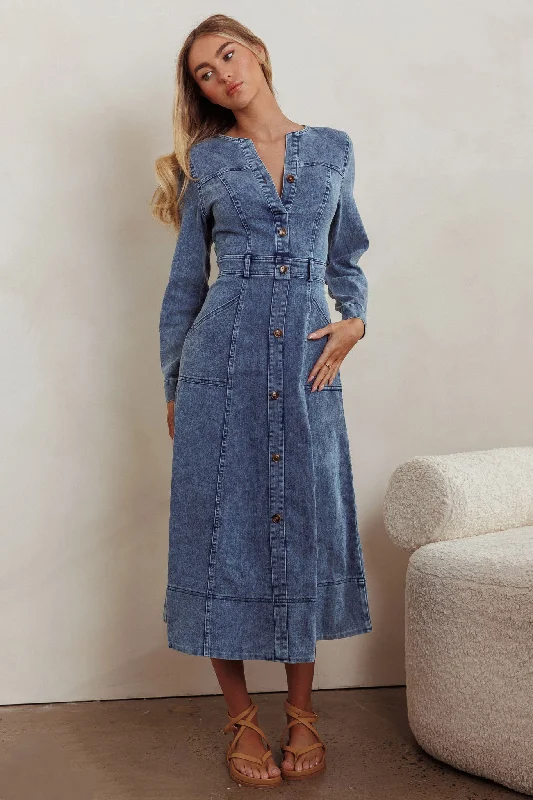 Aspen Love Front Pocket Midi Dress Denim Blue Feminine Elegance