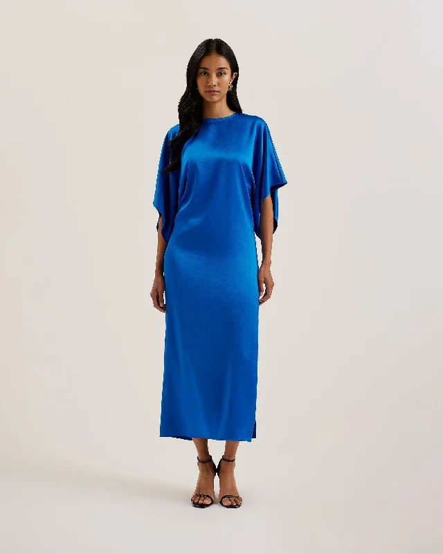 Navala Batwing Sleeve Side Split Midi Dress Blue Effortless Comfort