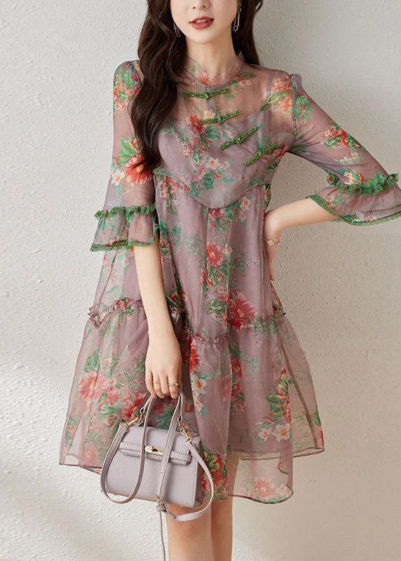 Beautiful Light Purple Ruffled Chinese Button Print Tulle Oriental Dresses Summer Style Streetwear