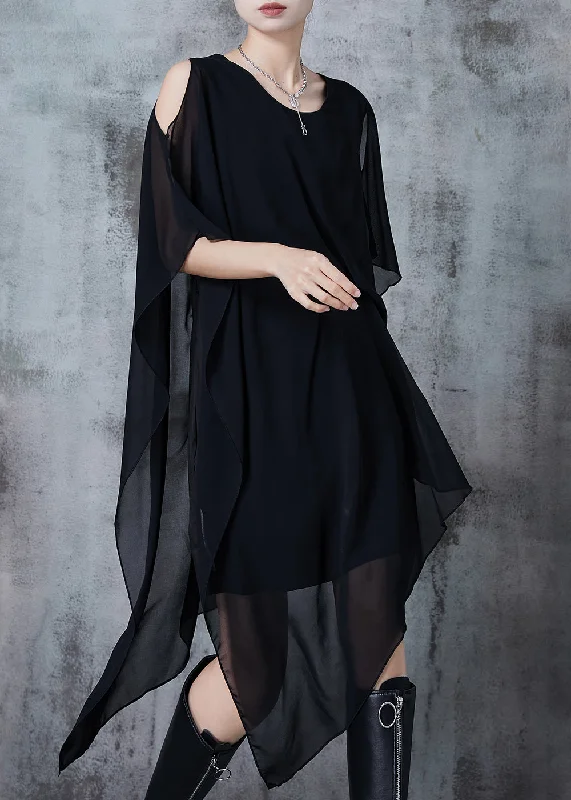 Art Black Asymmetrical Draping Chiffon Mid Dress Summer Hot Trends