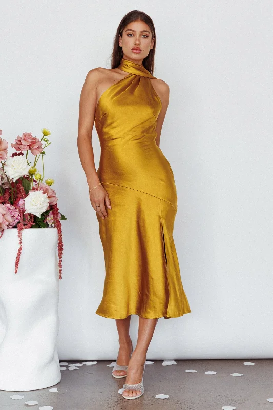 Italian Summer Tie Neck Midi Dress Mustard Classic Women's Fashion