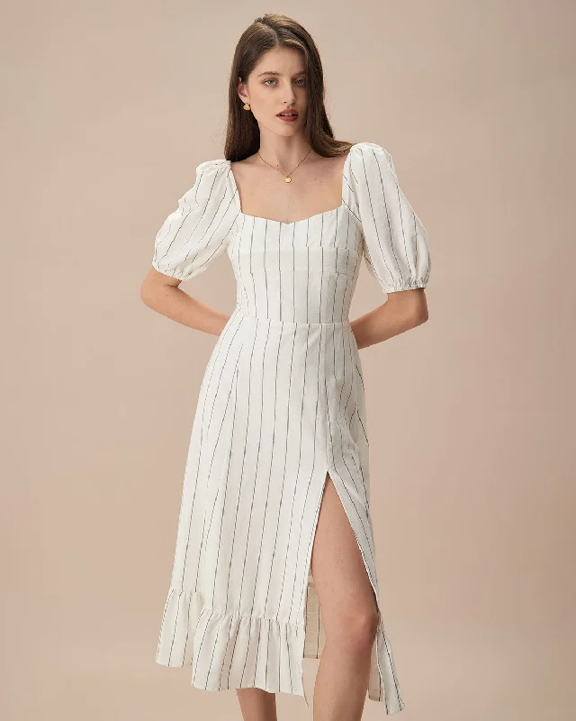 The Beige Puff Sleeve Striped Split Cotton Midi Dress Flash Sale Fever