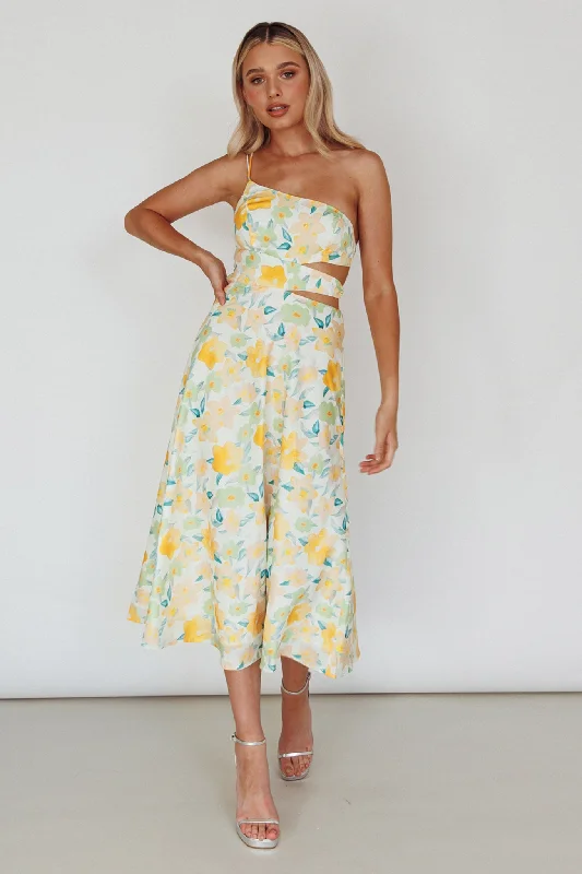 Halia One-Shoulder A-Line Midi Dress Floral Yellow Fashion Essentials