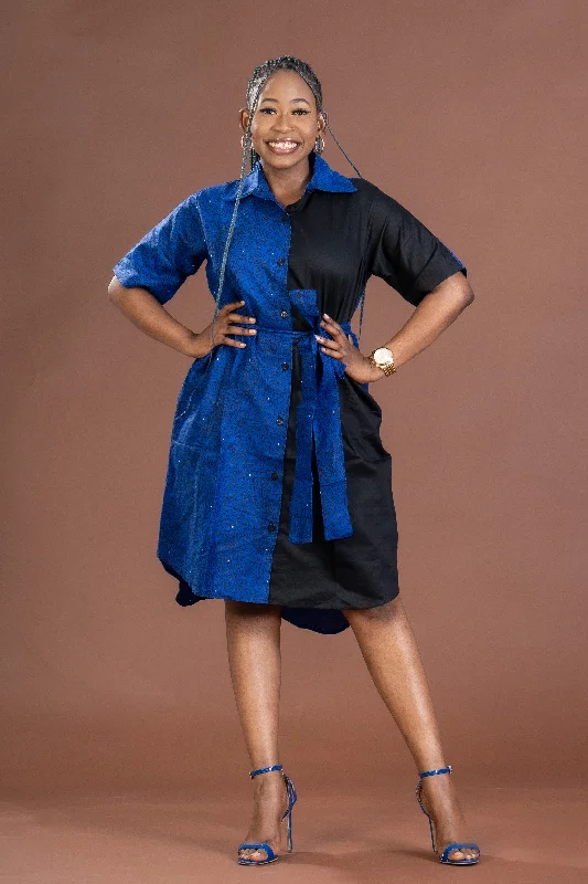 Joyce Ankara Midi Dress| Blue and Black African Print Elegant Details