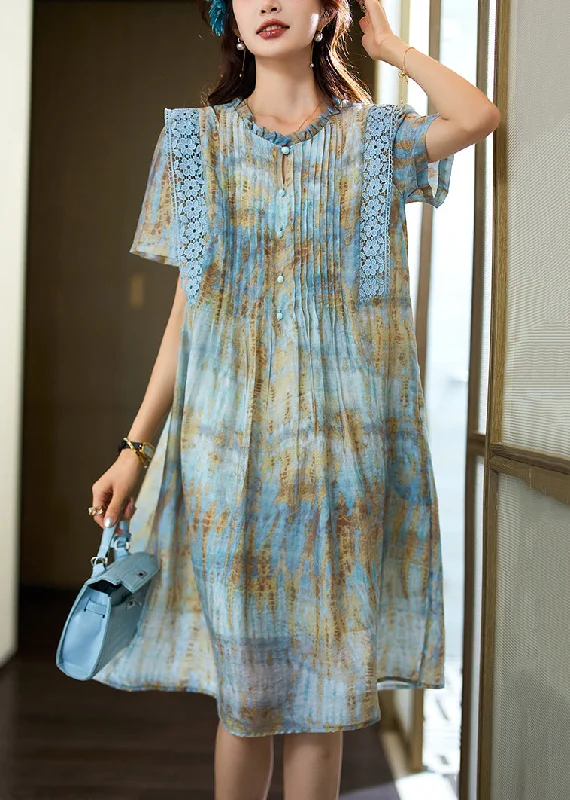 Sky Blue Lace Patchwork Chiffon Dress Wrinkled Summer Floral Style