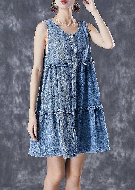 Bohemian Light Blue Ruffled Patchwork Denim Mini Dresses Sleeveless Limited Edition