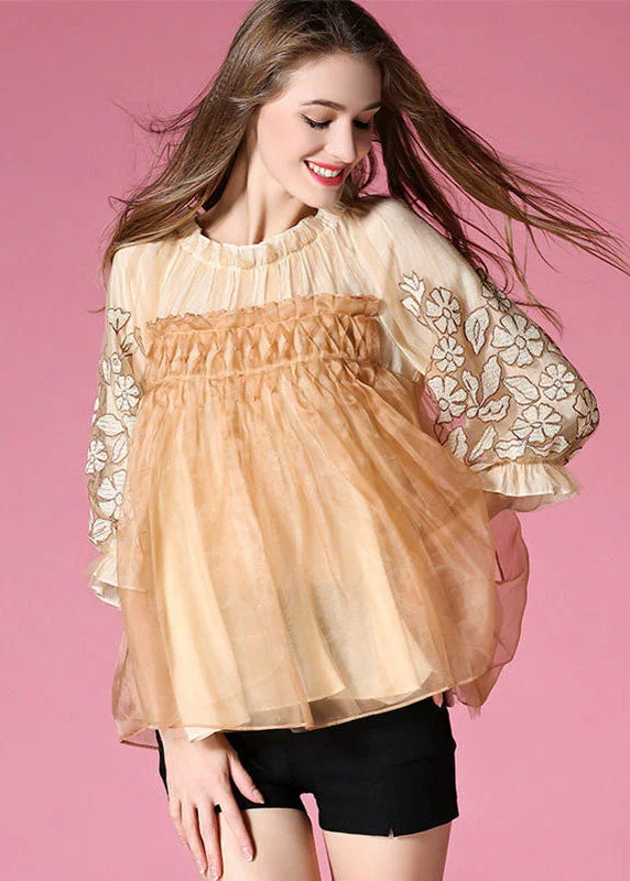 Golden Organza A Line Top Embroideried Wrinkled Half Sleeve Fashion Deal