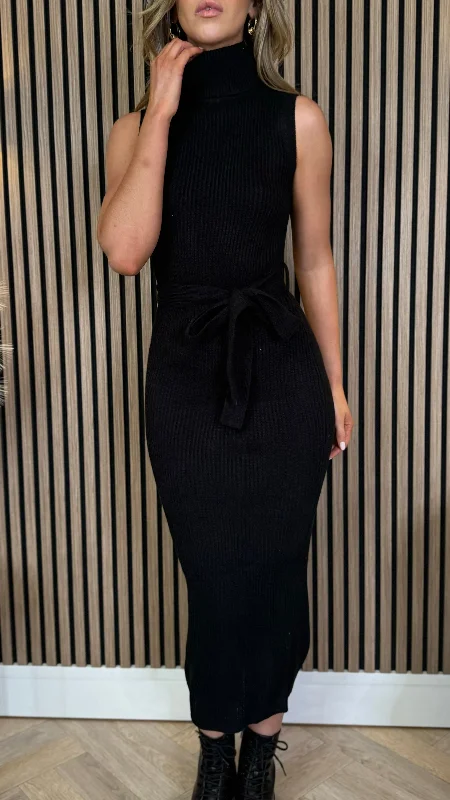 Paige Black Roll Neck Sleeveless Belted Knit Midi Dress Chic Trend Collection