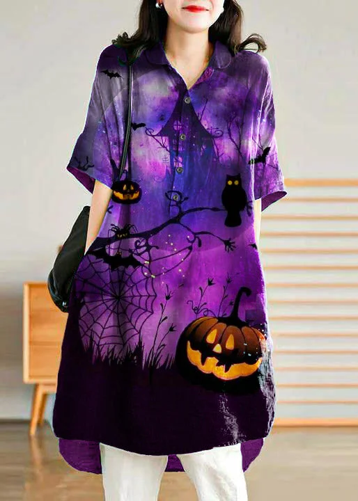 Jade purple-pumpkin stripes polka dots Linen Women Casual Linen Shirt Dress Feminine Soft - Hued Styles