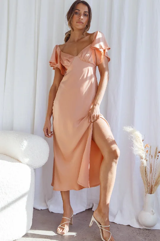 Park Avenue Flutter Sleeve Side Split Midi Dress Apricot Sophisticated Fashion