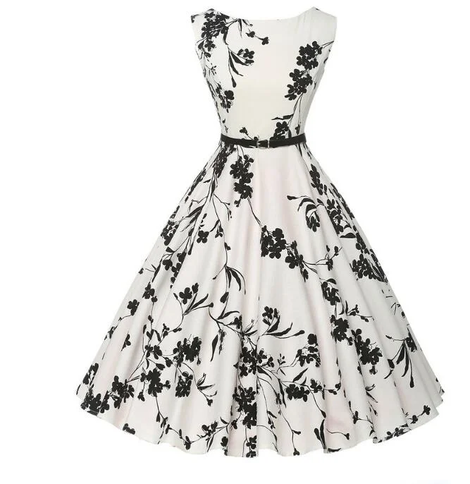 BerriesJam - O-Neck Audrey Hepburn Vintage Floral Print Dress Trendy Street Style Attire