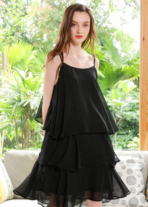 Boutique Black Oversized Layered Design Chiffon Spaghetti Strap Dresses Summer Trendy Women's Wear