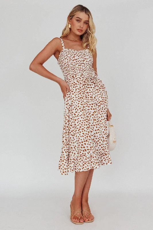 Honey Shirred Frill Midi Dress White/Brown Must Haves