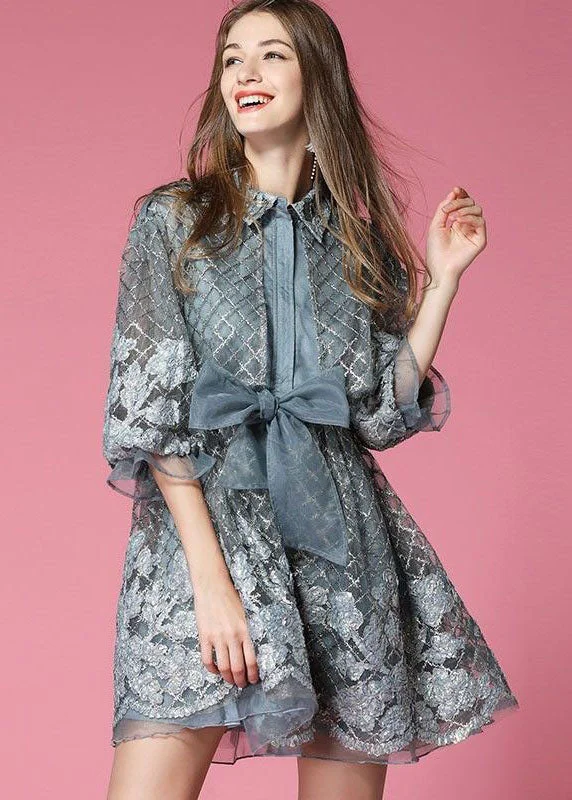 Grey Organza Vacation Dress Embroideried Hollow Out Spring Latest Fashion