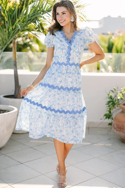 Call On Me Blue Floral Midi Dress Vintage Style Clothing Sale