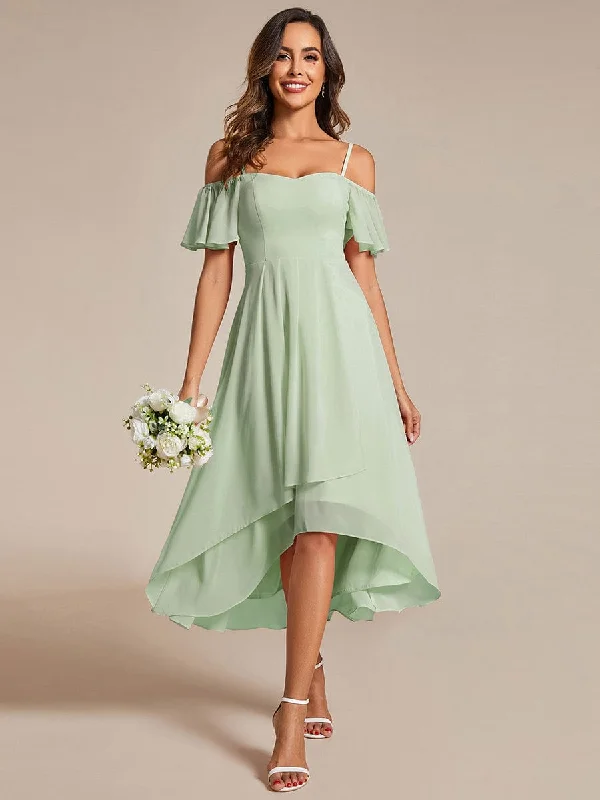 Spaghetti Strap Cold Shoulder Chiffon A-Line Midi Wedding Guest Dress Gorgeous Glamour Collection