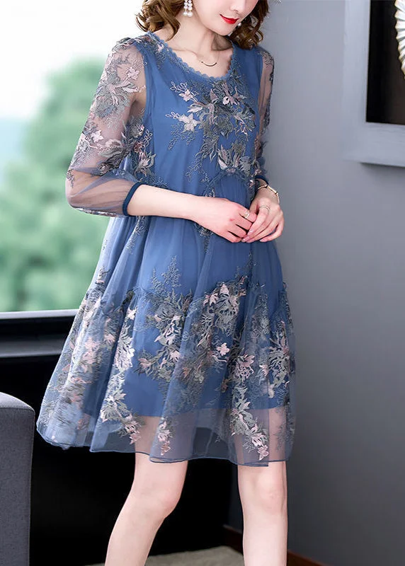 Women Blue Embroideried Patchwork Ruffled Tulle A Line Dress Summer Budget Friendly