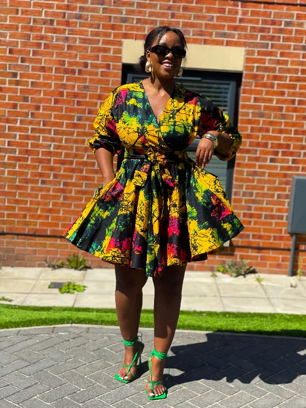 Brenie Ankara Mini Dress |  Green  and Yellow Multicoloured  Print Limited Time Offer