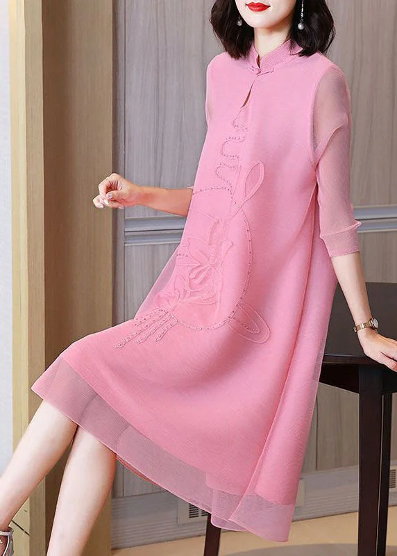 Pink Jacquard A Line Dress Mandarin Collar Wrinkled Bracelet Sleeve Trendy Styles