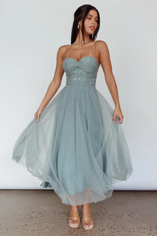 Smitten Lace Insert Tulle Midi Dress Sage Evening Elegance