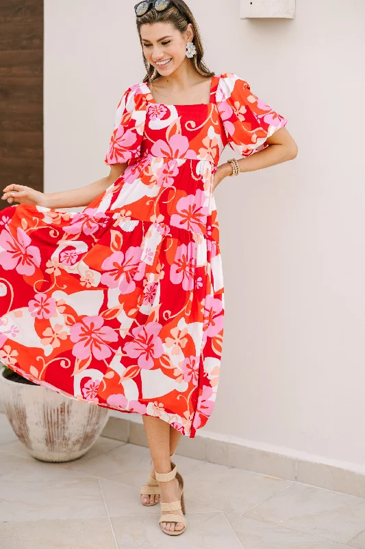 It's All For You Red Floral Midi Dress Fashion Forward