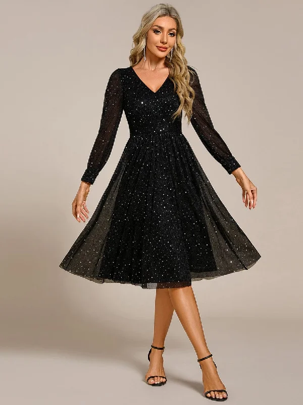 Glitter Midi Wedding Guest Dress with Long Sleeves Budget Friendly