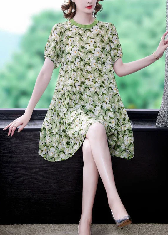 Natural Green O-Neck Cinched Print Dress Short Sleeve Stylish Statements