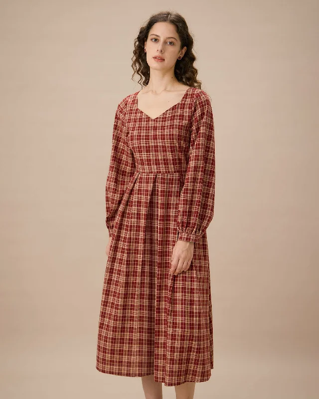 Red Sweetheart Neck Plaid Midi Dress Wardrobe Upgrade