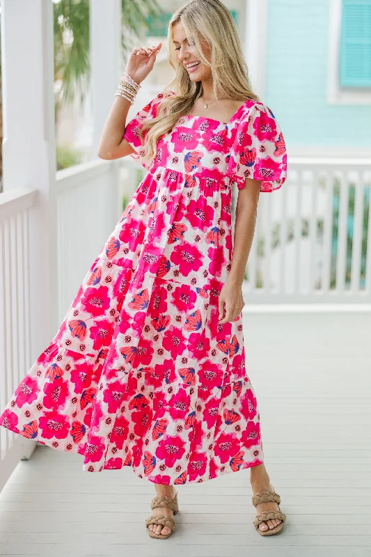 Answer The Call Hot Pink Floral Midi Dress Modern Romance