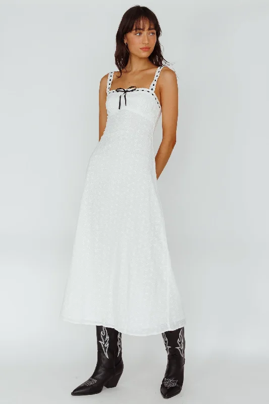 Sunbeam Eyelet Embroidery Bow Midi Dress White Trendy Women's Wear