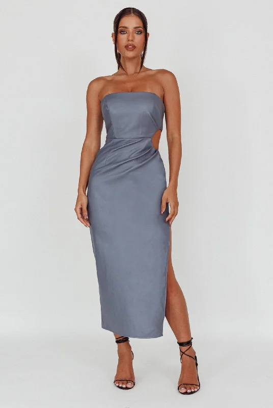 Taking Bets Strapless Midi Dress Leather Midnight Blue Holiday Attire Sale