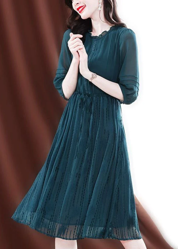 Fitted Green O-Neck Ruffled Tie Waist Silk Maxi Dresses Half Sleeve Trendy Women's Wear