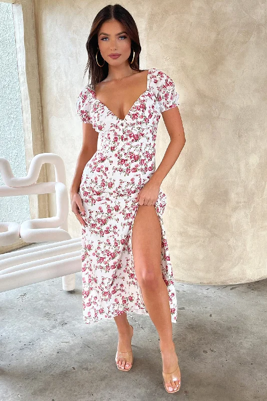 Solem Midi Dress - White / Rose Floral All Season Basics Discount