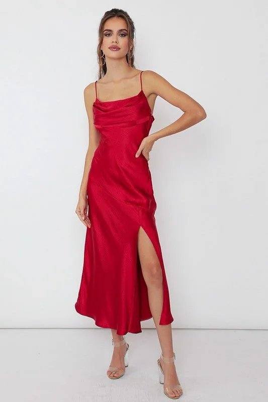 Red Satin Side Slit Midi Dress Limited Time Offers