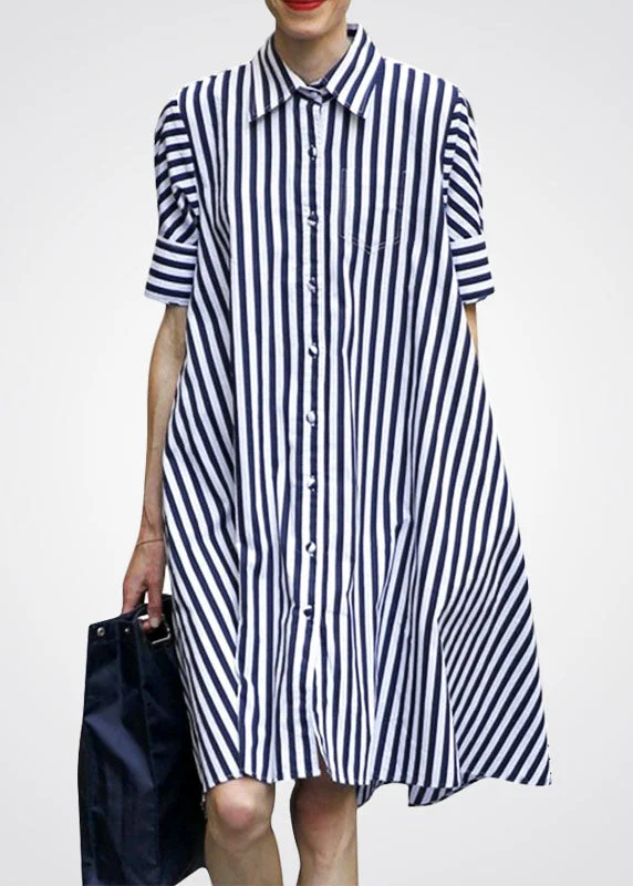 Women Blue Peter Pan Collar Striped Cotton Shirt Dress Short Sleeve Effortless Style, Endless Impact