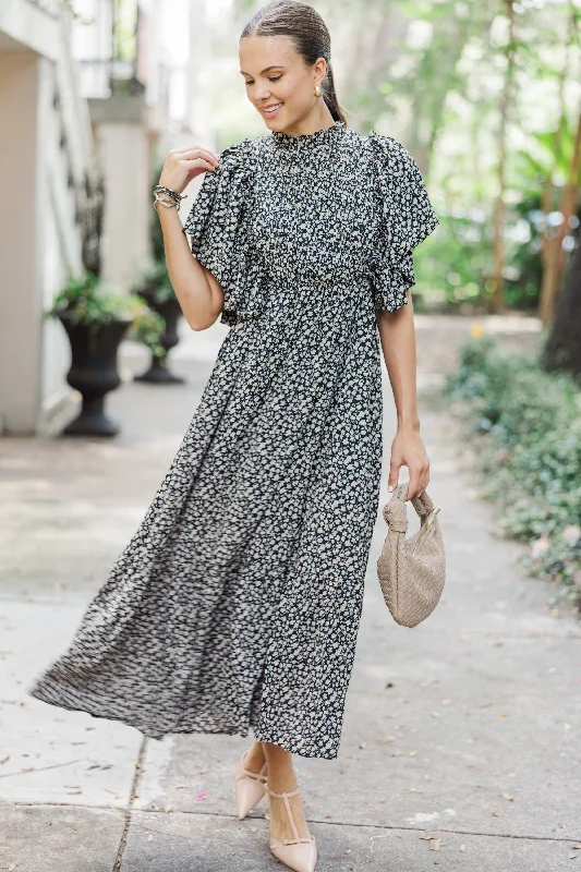 All The Good Black Ditsy Floral Ruffled Midi Dress Budget Friendly