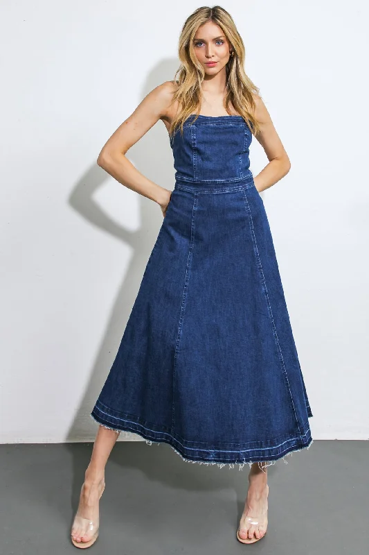 HERE GOES NOTHING DENIM MIDI DRESS First Order Discount