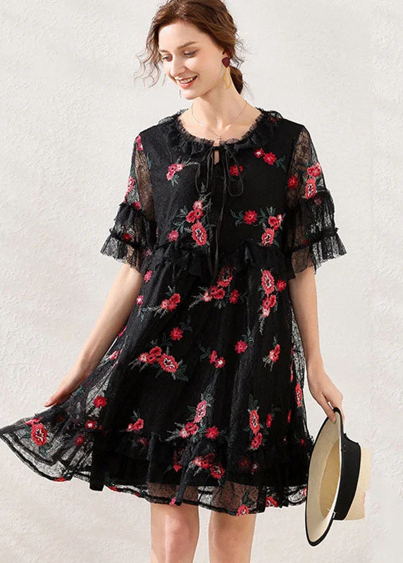 Women Black Embroideried Patchwork Lace Mid Dress Short Sleeve Luxury Fashion for Women