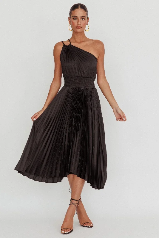 Calissa One Shoulder Pleated Midi Dress Black Limited Styles