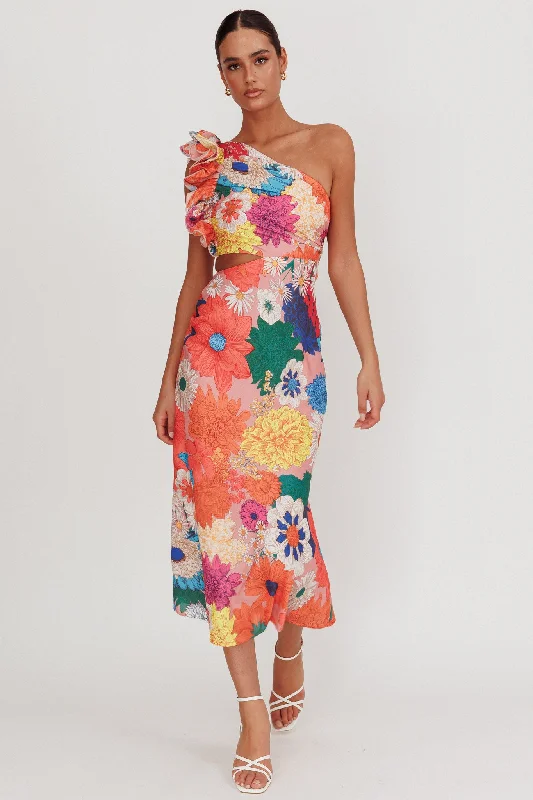 Deanna One-Shoulder Ruffle Floral Maxi Dress Orange Chic Style