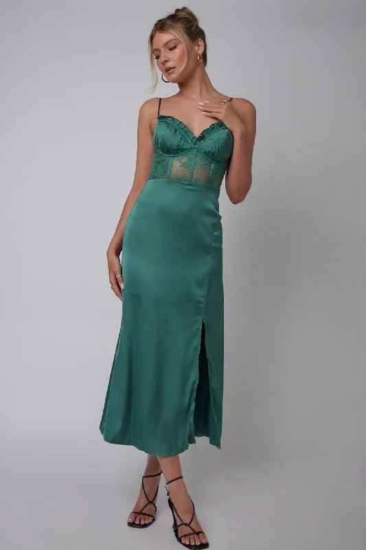 Trophy Lace Bodice Midi Dress Emerald Sleek Design