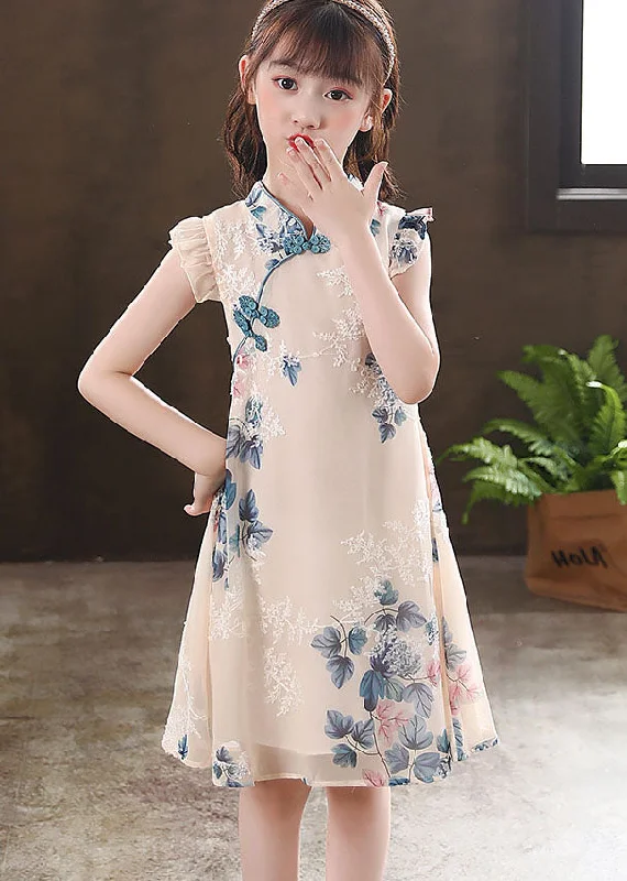 New Apricot Ruffled Print Chinese Button Patchwork Chiffon Baby Girls Dresses Summer Comfortable Chic